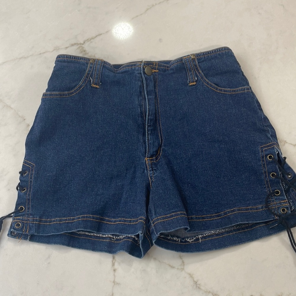 Denim shorts with stretch and ties at side